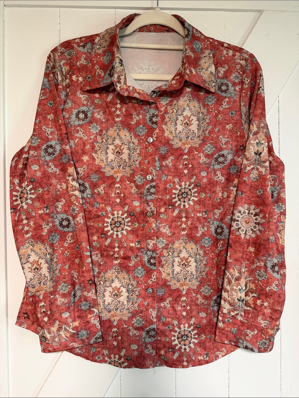 Women's Red Paisley Floral Button-Up Blouse